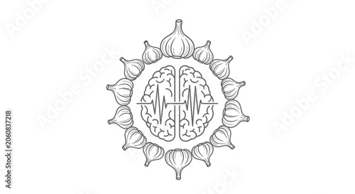 Brain with ECG and Garlic Wreath: Health, Wellness, and Natural Remedies Concept