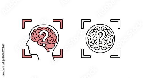 Brain with Question Mark Inside Head Silhouette and Top View, Concept of Uncertainty