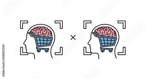 Brain with shopping cart inside head, representing consumerism and consumer psychology