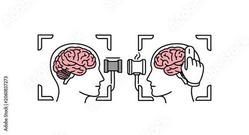 Brainstorming concept: two heads thinking, one with computer mouse, gavel symbol
