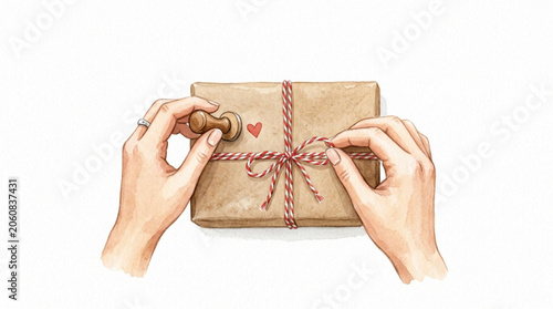 Watercolor Hands Wrapping Kraft Gift Box with Twine