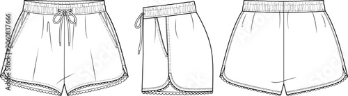 Technical fashion flat sketch of women's elastic waist shorts with drawstring and scalloped hem details for professional clothing design and production