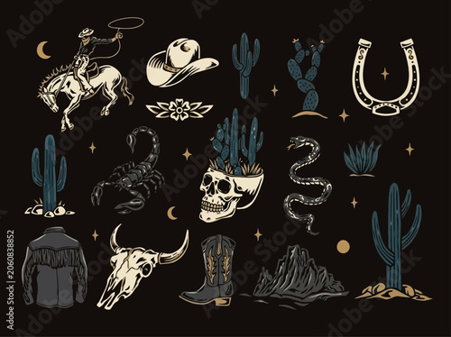 Quadro em tela Western cowboy rides horse with cactus landscape and desert skull
