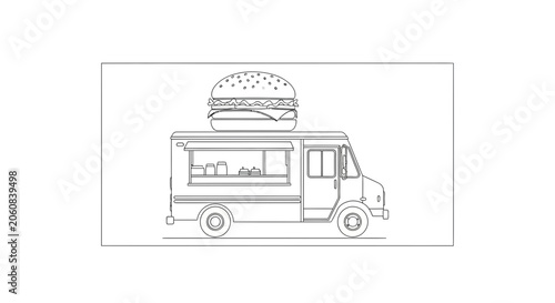 Food Truck with Giant Burger on Top, Street Food Business, Fast Food Service, Vector Art