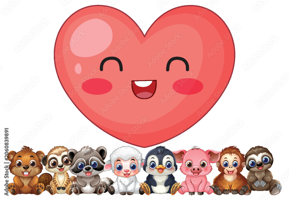 Fototapeta premium Cute Cartoon Animals Sitting Under Large Smiling Heart Character