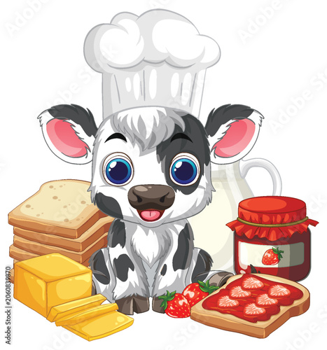 Cartoon Cow Chef with Breakfast Bread Butter and Strawberry Jam