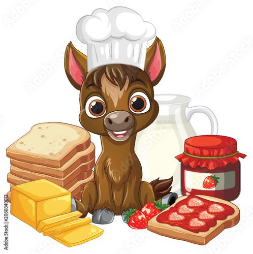 Cute Cartoon Horse Chef with Breakfast Bread Milk and Jam