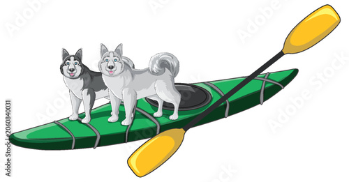 Siberian Husky Dogs Balancing on a Green Kayak with a Yellow Paddle