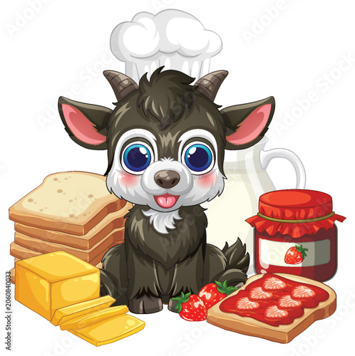Cute Cartoon Goat Chef with Breakfast Bread Jam and Butter