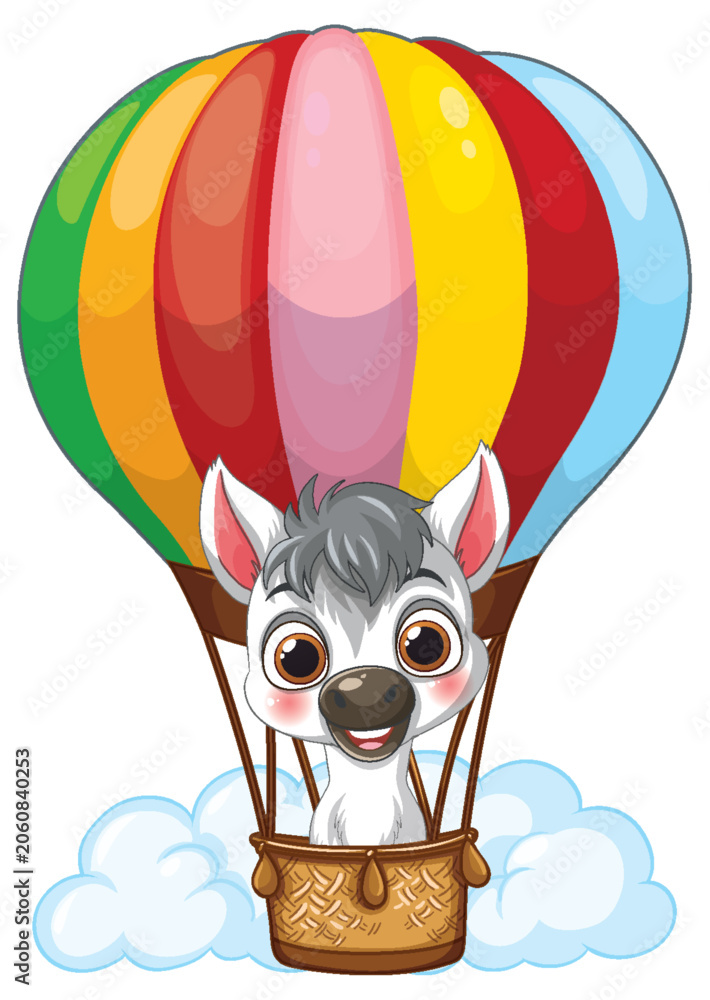 Obraz premium Cute Cartoon Zebra Flying in a Colorful Hot Air Balloon