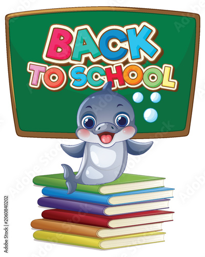 Cartoon Dolphin Character with Books and Back to School Chalkboard