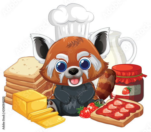 Cartoon Red Panda Chef with Breakfast Toast and Strawberry Jam