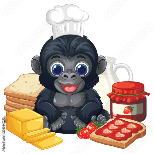Cartoon Gorilla Chef with Bread Jam and Butter Breakfast Illustration