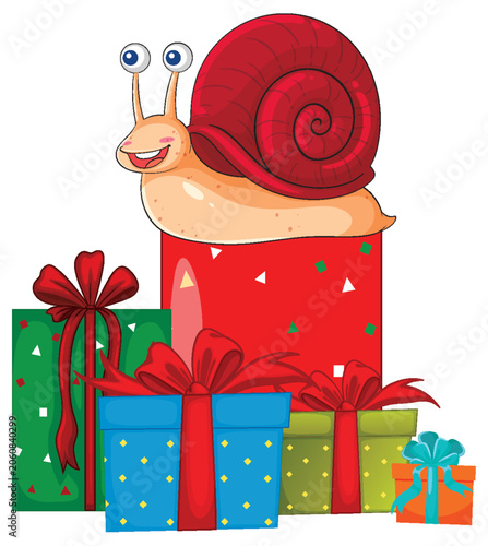 Cartoon Snail Sitting on a Stack of Colorful Wrapped Gift Boxes