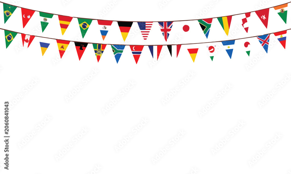 Obraz premium International flags strung together in a festive garland against a clean white background celebrating global unity