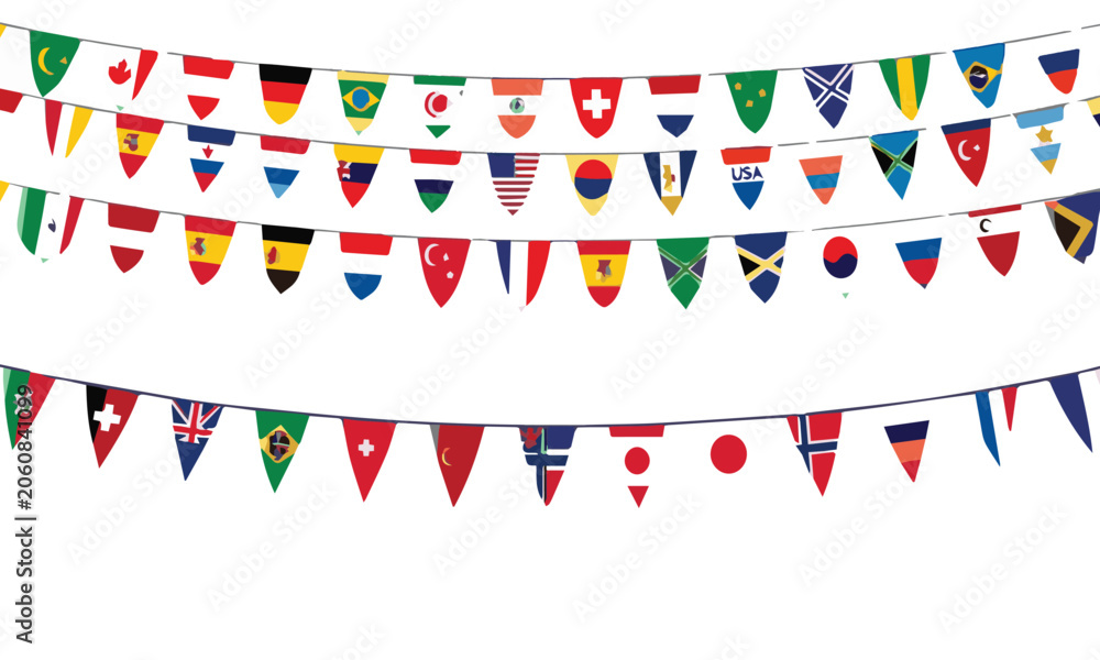 Fototapeta premium International flags strung together in festive bunting against a clean white background symbolizing global unity and celebration