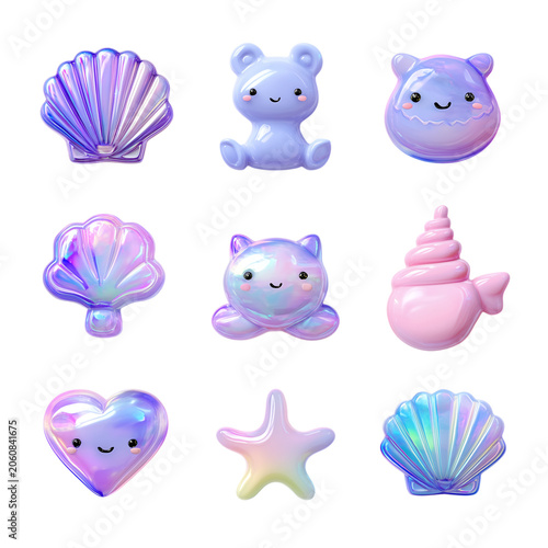 Set of cute iridescent kawaii charms, including seashells, a teddy bear, a heart, a starfish, and catlike creatures isolated on transparent background isolated on transparent background