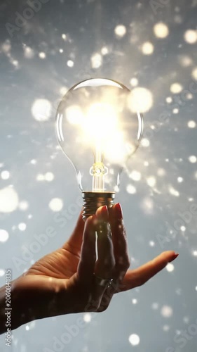A human hand gently holds a modern clear filament light bulb against a minimalist gray studio background. It sparks to life, glowing warmly with light rays and bokeh, dolly-in. Concept of