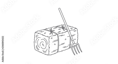 Billede på lærred Hay Bale and Pitchfork Line Art Illustration