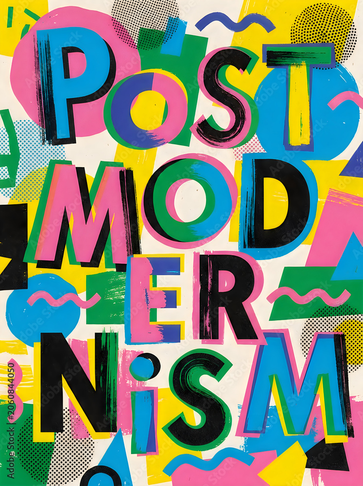 Fototapeta premium Colorful retro style text design saying post modernism with vibrant background