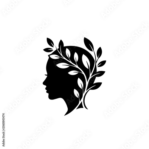 Woman's head silhouette with leaves on a white background illustrated