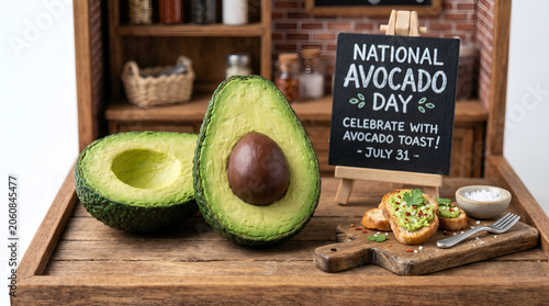 Fresh Cut Avocado and Avocado Toast with 'National Avocado Day' Sign on Wooden Surface