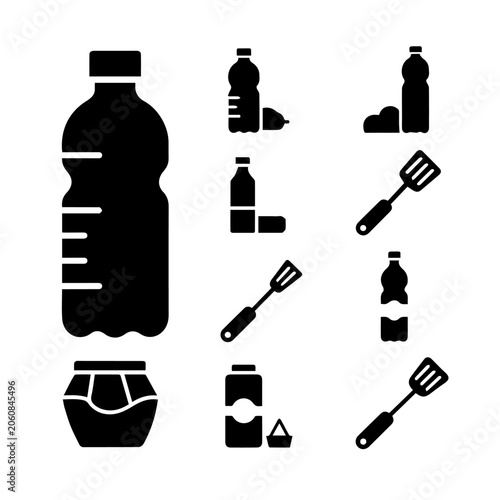 Illustration of various plastic bottles and grill utensils on a table outdoors