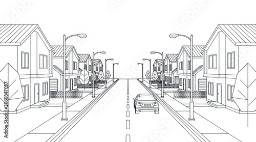 Cuadro en lienzo Suburban Street Line Art Vector Illustration
