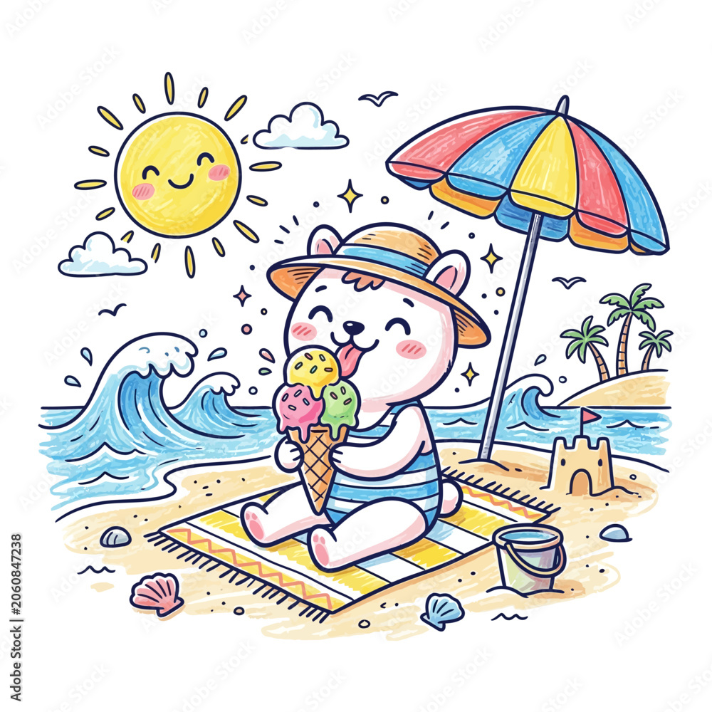 Naklejka premium Cute polar bear cub playing with ice cream on the beach