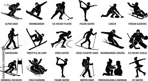 Canvas Print Set of winter sports silhouettes featuring various athletes engaged in skiing, i
