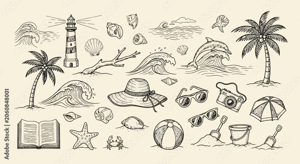 Obraz premium Doodle Beach Elements: Lighthouse, Palm Tree, Dolphin, Seashells, Sun Hat