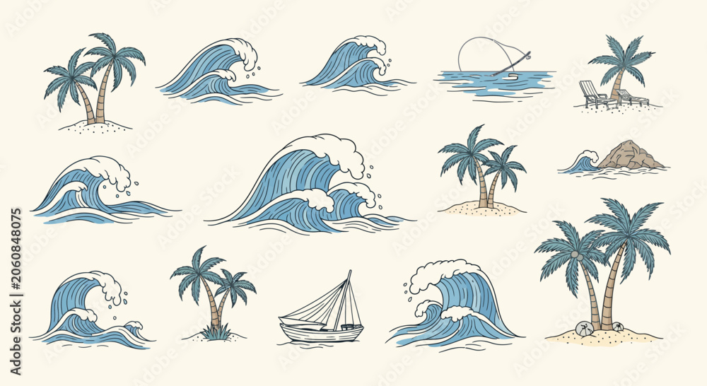 Obraz premium Ocean Waves, Palm Trees, Sailing Boat and Beach Elements Vector Set