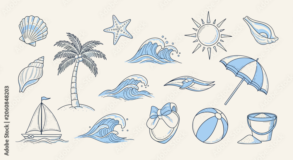 Obraz premium Summer Beach Objects Vector Set - Palm Tree, Waves, Sun, Sailboat & Seashells