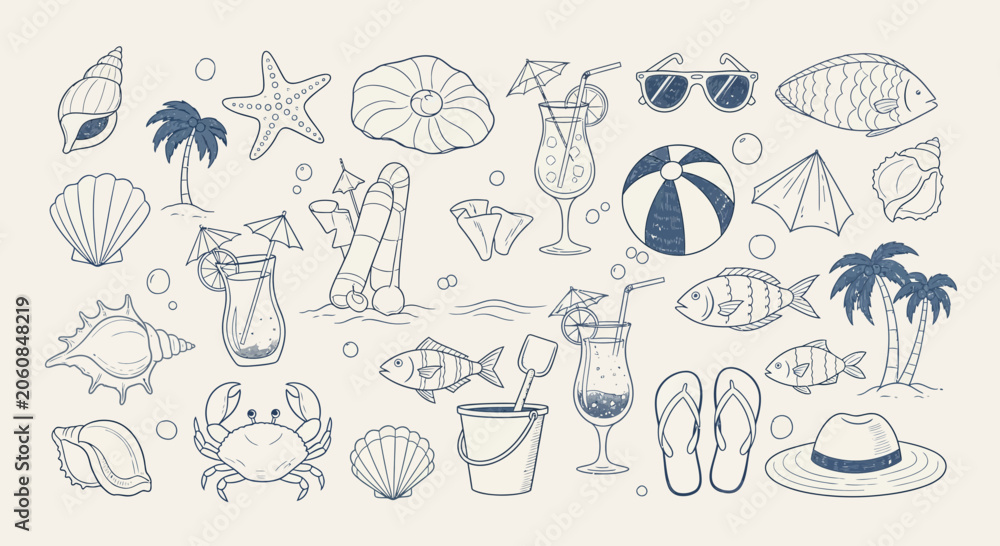 Fototapeta premium Summer Beach Vacation Doodle Elements: Tropical Drinks, Seashells, Crab, Sun.