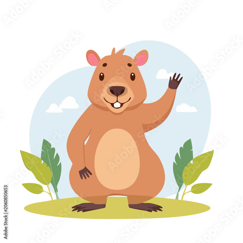 Cartoon pig with flowers and leaves