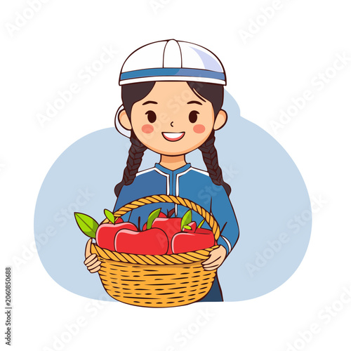 Cartoon farmer holding basket of vegetables