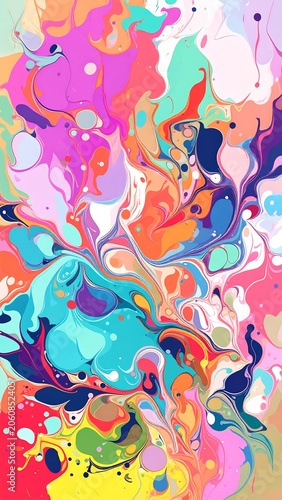 Vibrant abstract fluid art painting with colorful swirling ink patterns and dynamic splashes