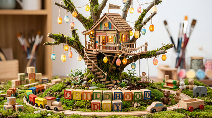 Charming Miniature Treehouse Model with Moss, Wooden Toys, Fairy Lights, and Blocks Spelling CHILDHOOD