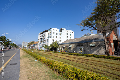 Railway tracks and historic warehouse buildings at Pier-2 Art Center in Kaohsiung, Taiwan