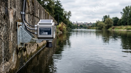Digital water level sensor mounted on a stone wall for flood monitoring and river management perfect for environmental reports and corporate presentations