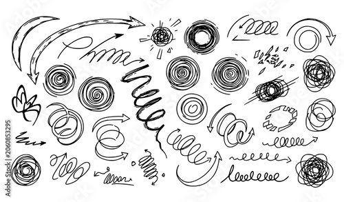 Принти на полотні Chaotic abstract doodle writing vector set with arrows circles and scribble mark
