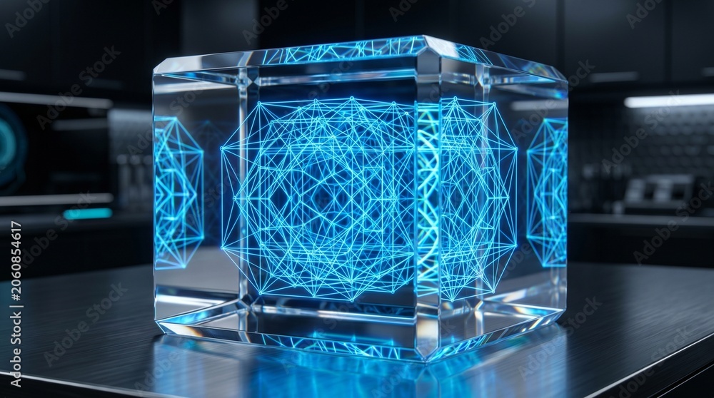 Fototapeta premium Glass cube encapsulates a glowing blue geometric lattice structure representing advanced data processing in a laboratory.