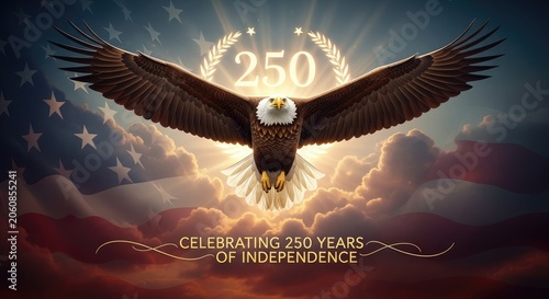 Symmetrical bald eagle soaring with 250th anniversary logo and US flag background