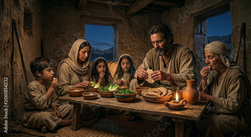 Bible, A detailed, warm-toned photograph of a Hebrew family gathered around a simple wooden table, eating bitter herbs and unleavened bread. Their expressions are serious and focused, reflecting the w