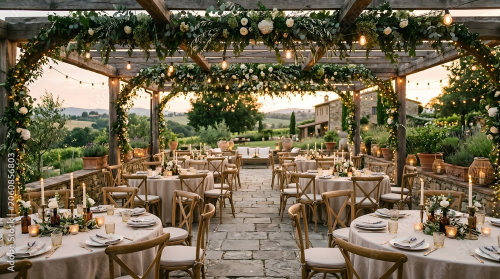 Obraz premium Elegant outdoor wedding reception venue adorned with enchanting string lights and floral decor