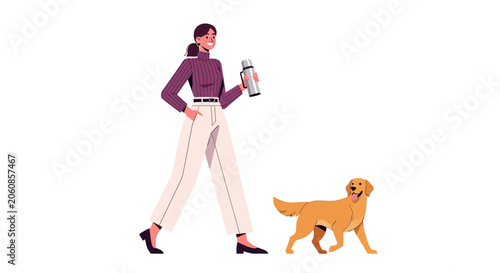 Woman walking her golden retriever dog outdoors.