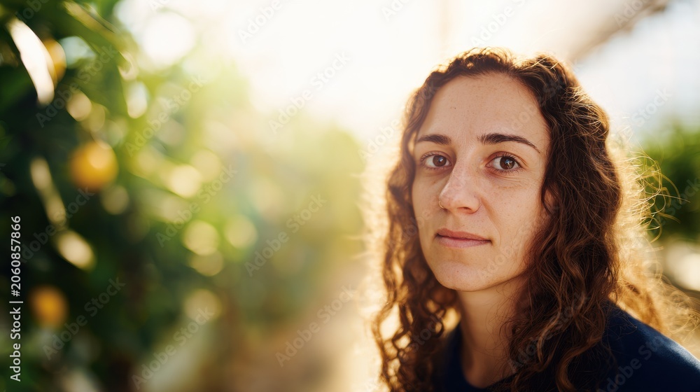 Obraz premium Woman stands in garden with plants and sunlight during busy day