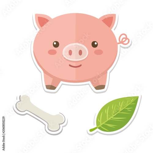 Cute cartoon pig with bone and leaf illustration
