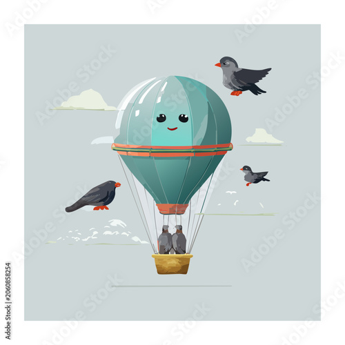 Cute hot air balloon with birds in flat design style