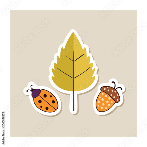 Flat design autumn leaf with ladybug and acorn